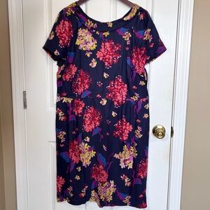 Boden Silk Blend Floral Dress Women's 16R Navy Blue Vibrant Botanical Midi Shift